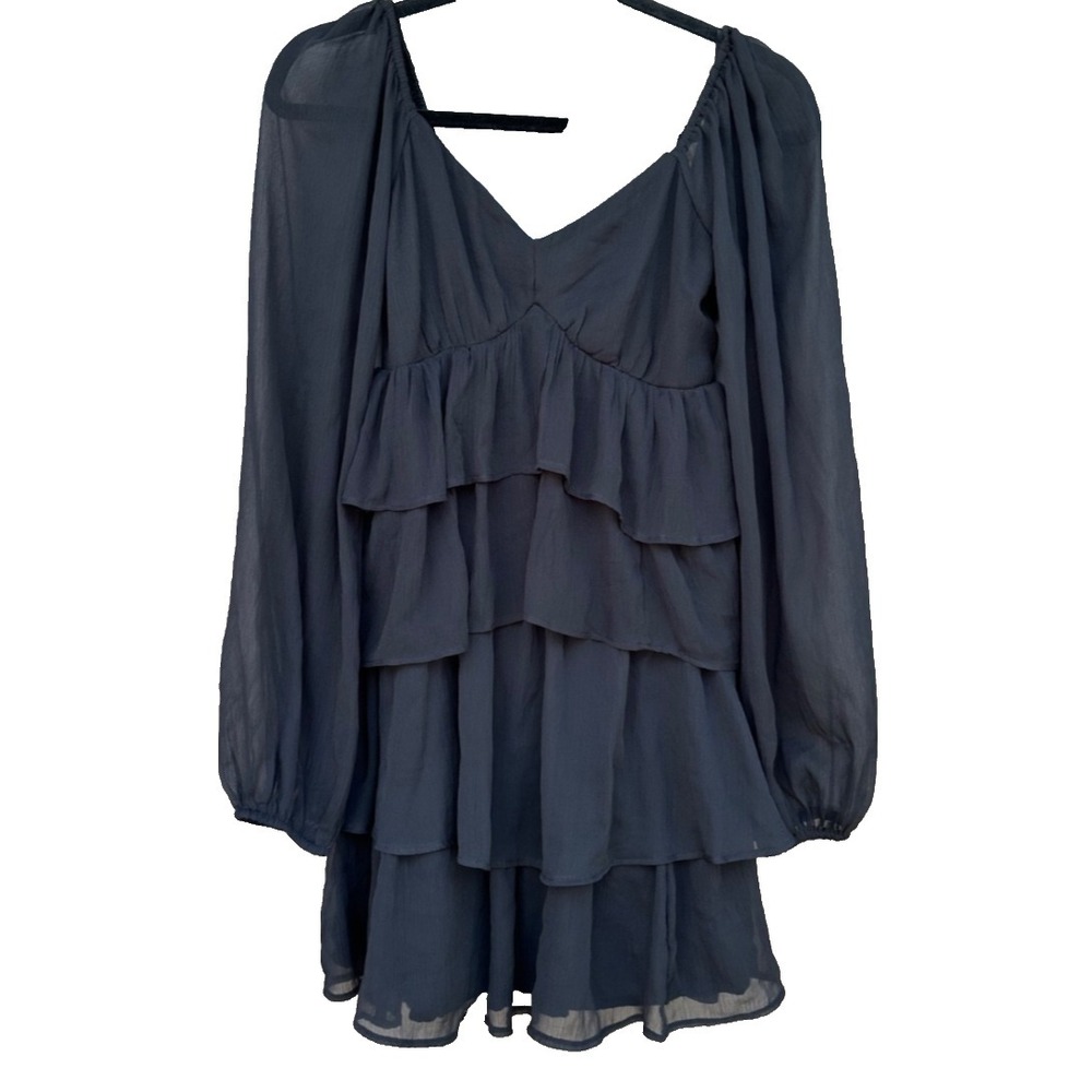 Abercrombie Fitch Black Mesh Mini Dress XST Ruffle Tiered Sheer Puff Sleeve Boho